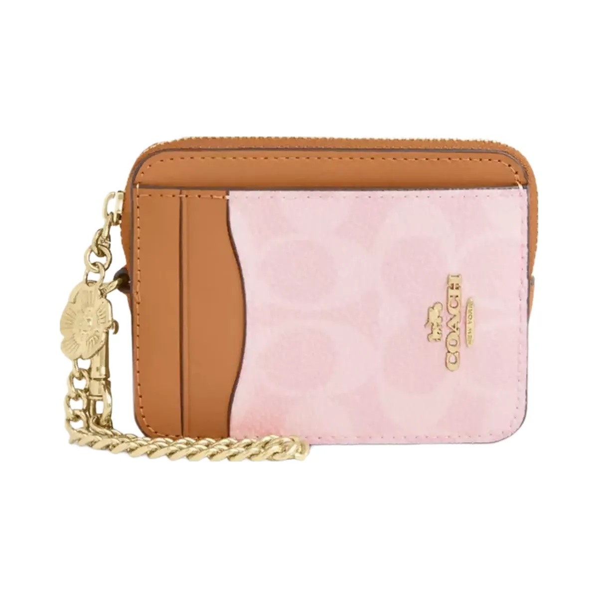Coach Zip Card Case In Signature Canvas With Charm in Gold Powder Pink - HypeFly India View 1