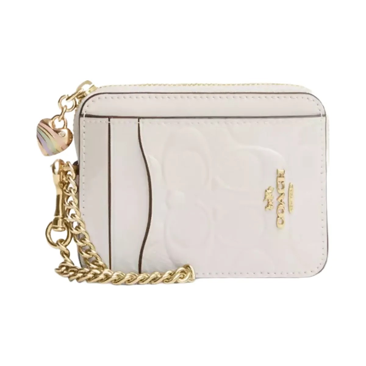 Coach Zip Card Case In Signature Leather With Heart Charm in Gold Chalk - HypeFly India View 1