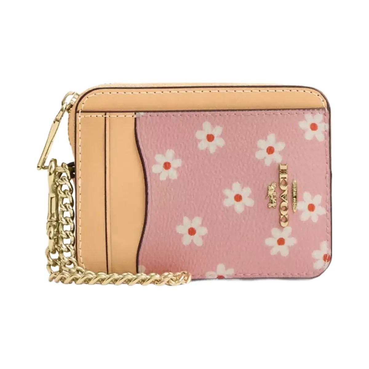 Coach Zip Card Case With Floral Print in Gold Pink Multi - HypeFly India View 1