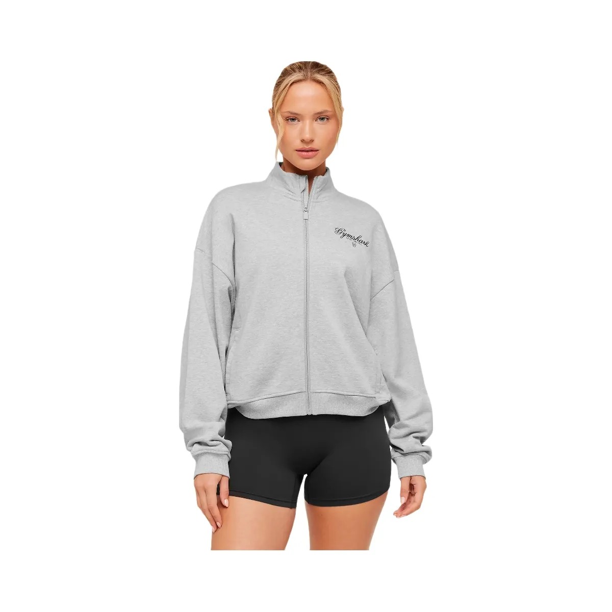 Gymshark Script Embroidery Oversized Zip Through "Light Grey Core Marl" - HypeFly India View 2