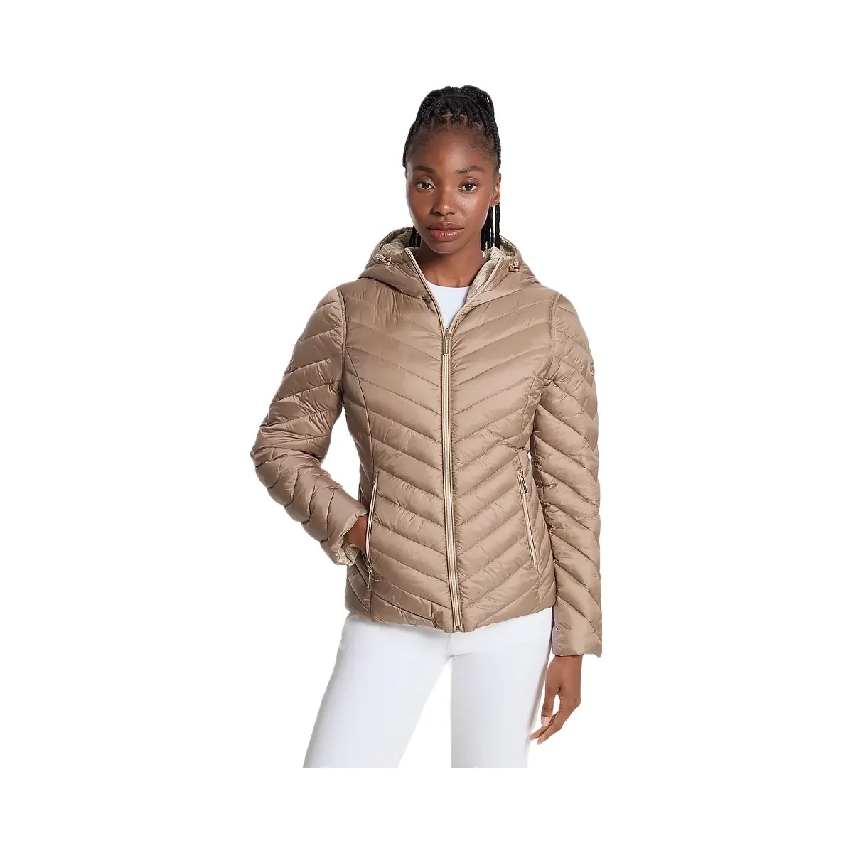 Michael Kors Chevron Logo Print Quilted Nylon Reversible Jacket Taupe/Bone Logo - HypeFly India View 1