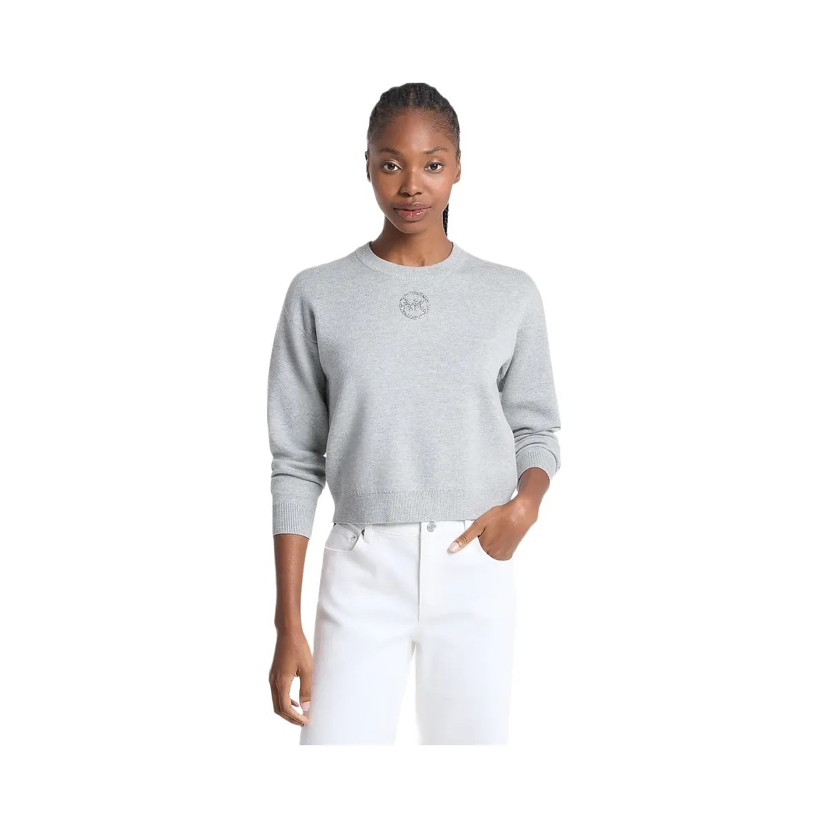 Michael Kors Embellished Logo Cotton Blend Sweater Pearl Grey - HypeFly India View 1