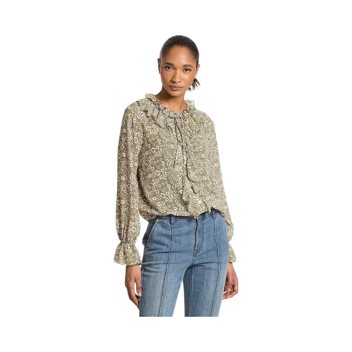 Michael Kors Floral Print Georgette Ruffle Blouse Oregano - HypeFly India View 1