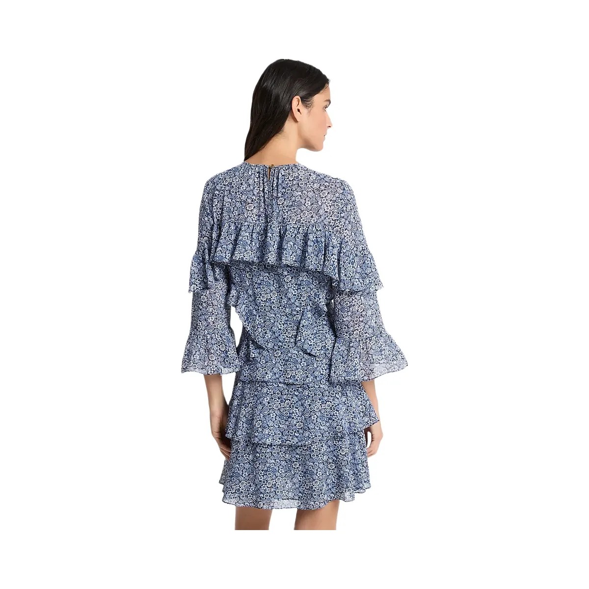 Michael Kors Floral Print Georgette Ruffle Mini Dress Midnightblue - HypeFly India View 2
