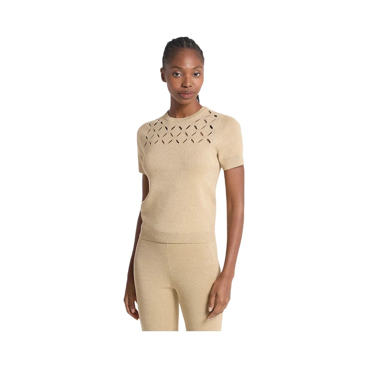 Michael Kors Laser Cut Metallic Stretch Knit Top Gold - HypeFly India View 1