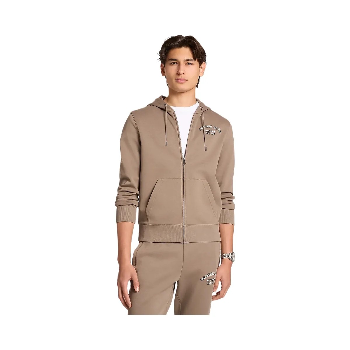 Michael Kors Logo Cotton Blend Zip-Up Hoodie Mushroom - HypeFly India View 1