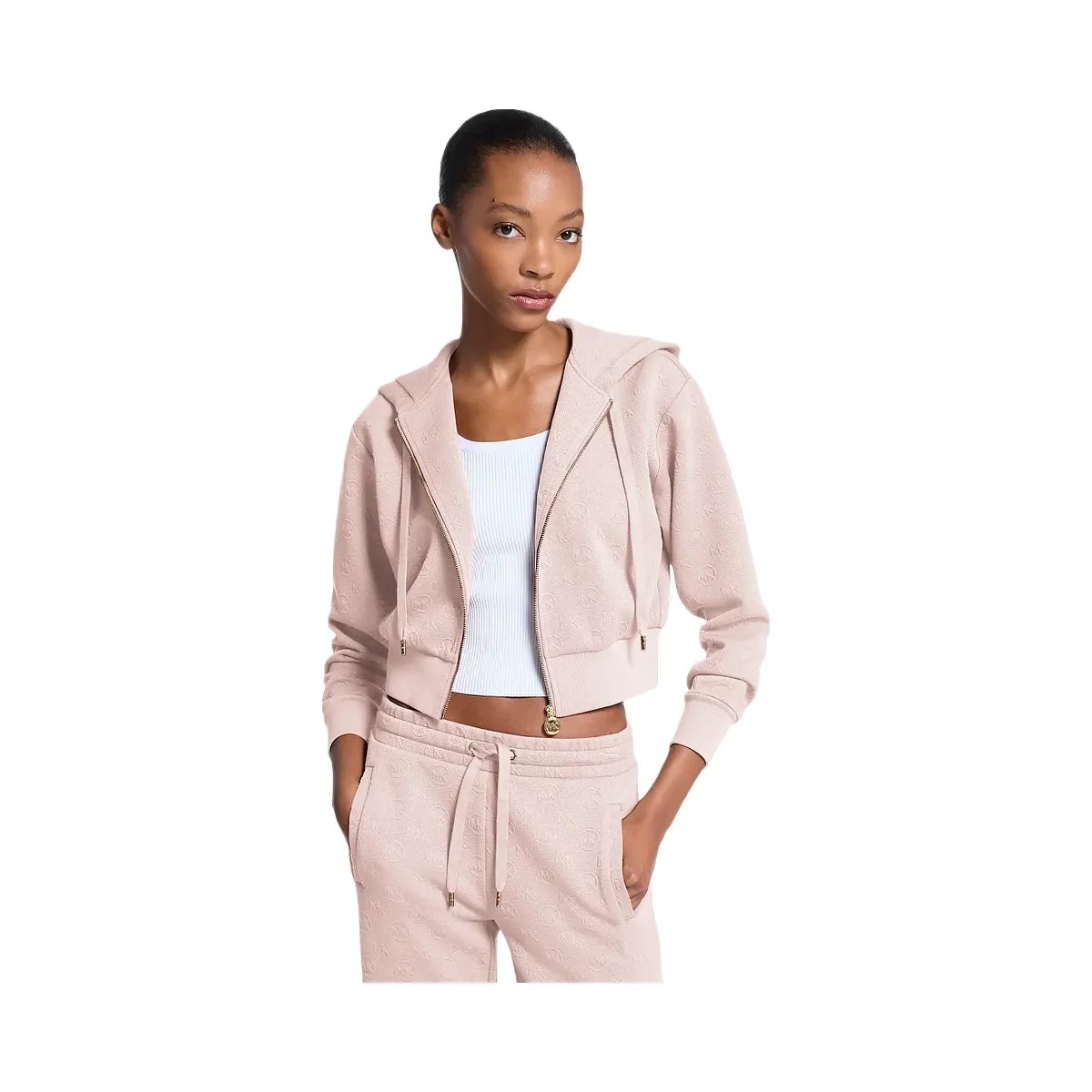 Michael Kors Logo Jacquard Charm Jacquard Cropped Zip-Up Hoodie Powder Blush - HypeFly India View 1