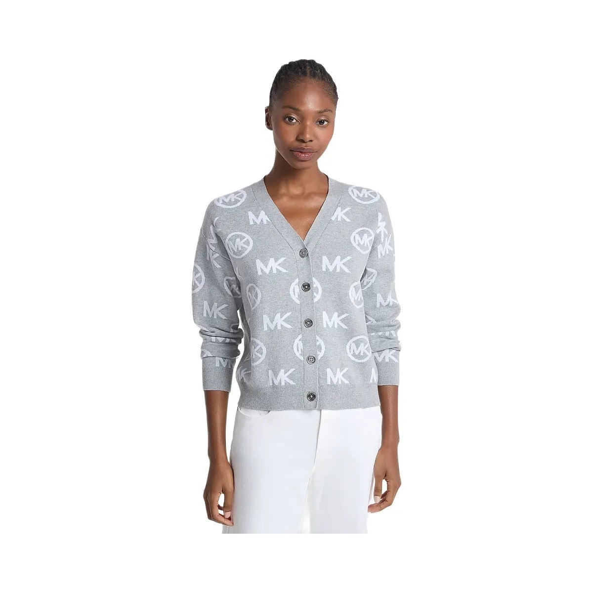 Michael Kors Logo Jacquard Cotton Blend Cardigan Pearl Grey - HypeFly India View 1