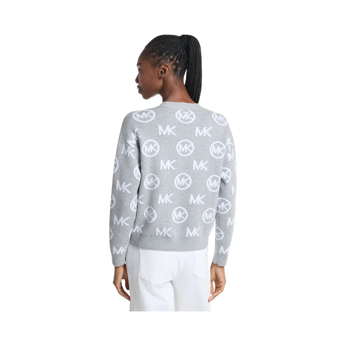 Michael Kors Logo Jacquard Cotton Blend Cardigan Pearl Grey - HypeFly India View 2
