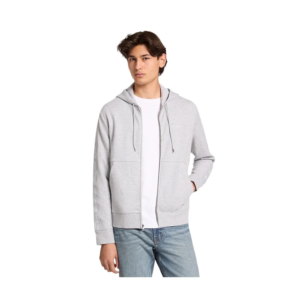 Michael Kors Logo Tape Cotton Blend Zip-Up Hoodie Heather Grey - HypeFly India View 1