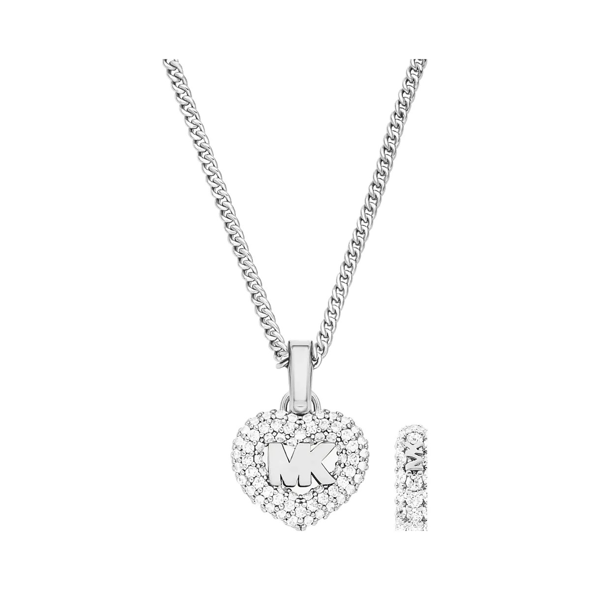 Michael Kors Pavé Heart and Logo Necklace and Hoop Earrings Jewelry Gift Set Silver - HypeFly India View 1