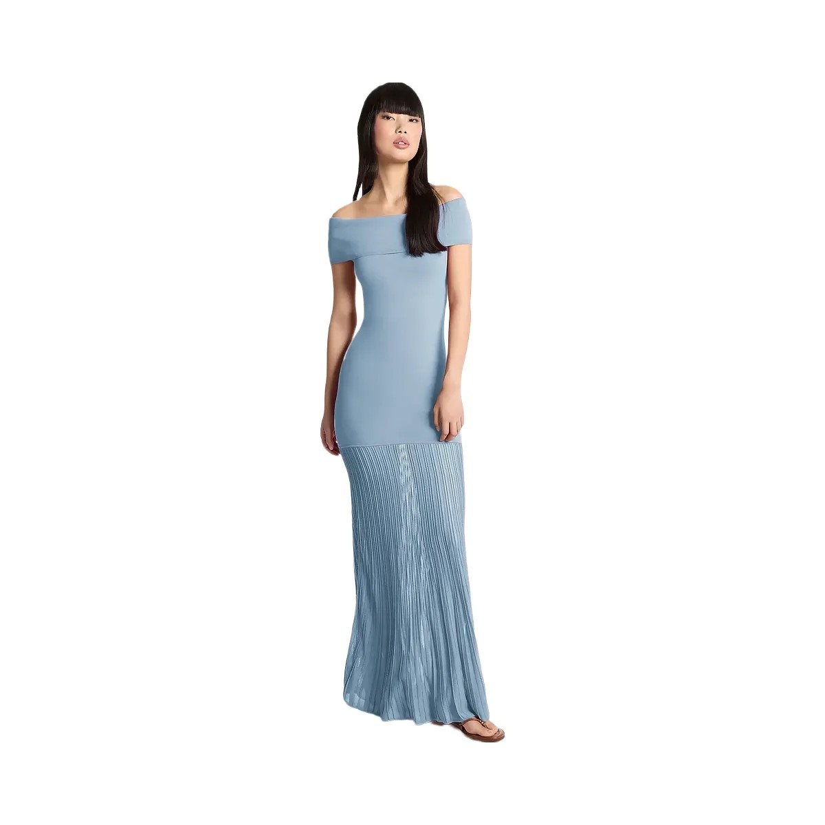 Michael Kors Pleated Stretch Knit Off-The-Shoulder Maxi Dress Chambray - HypeFly India View 1