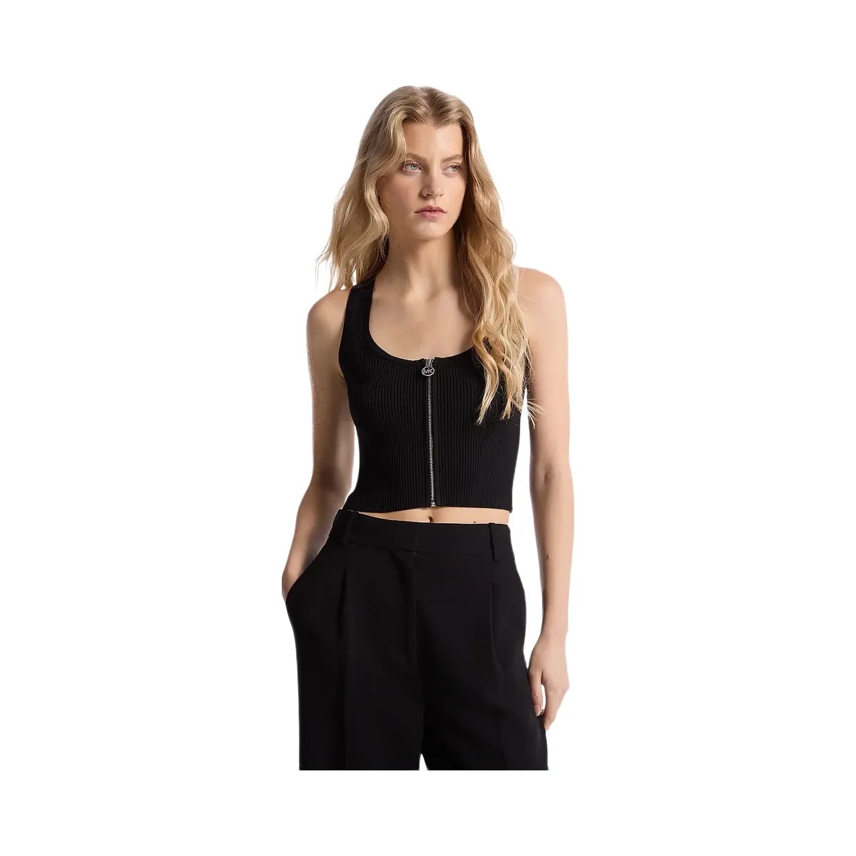 Michael Kors Ribbed Viscose Blend Zip-Up Tank Top Black - HypeFly India View 1