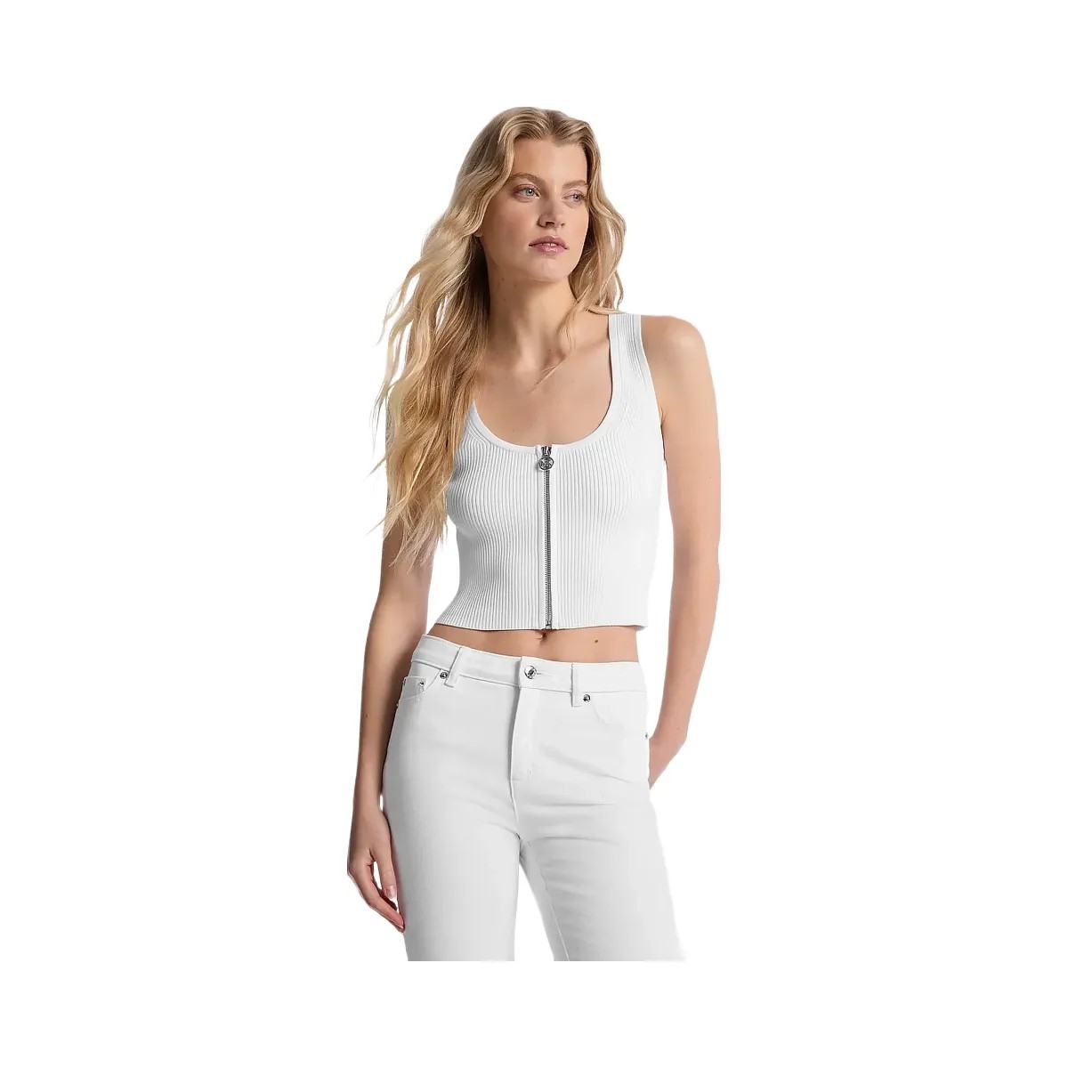 Michael Kors Ribbed Viscose Blend Zip-Up Tank Top White - HypeFly India View 1