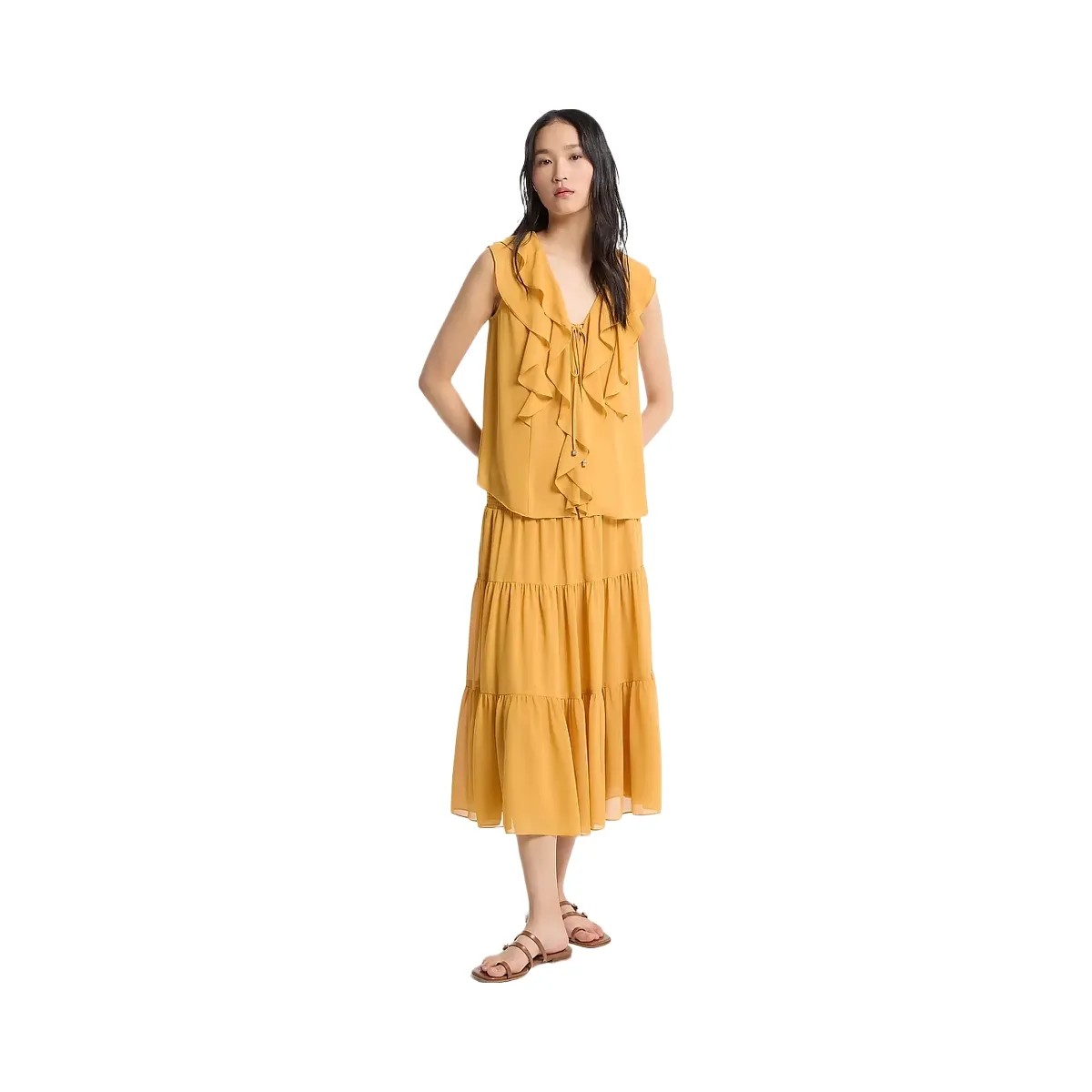 Michael Kors Ruffled Georgette Blouse Honeywheat - HypeFly India View 1
