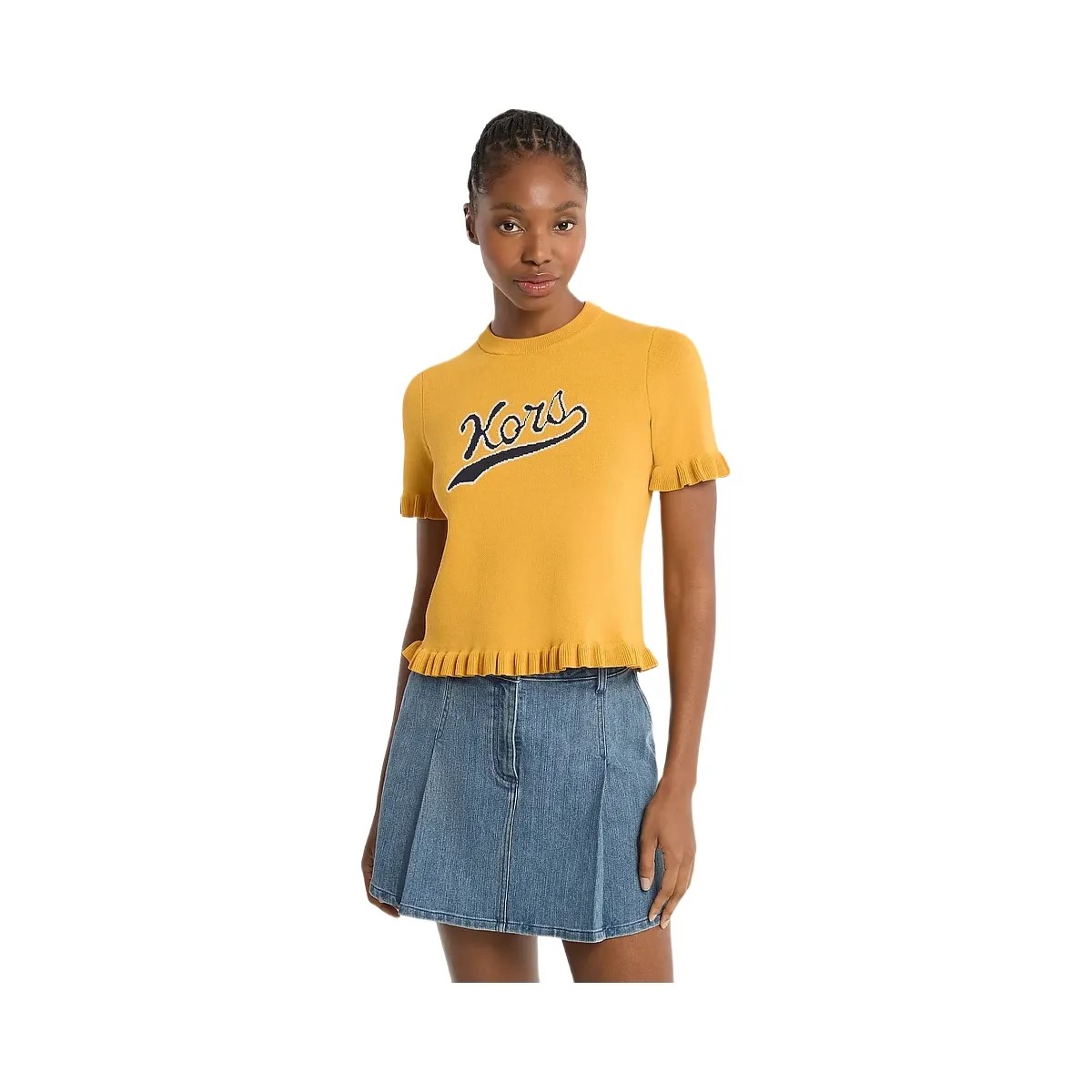 Michael Kors Ruffled Stretch Knit Logo Short-Sleeve Sweater Honeywheat - HypeFly India View 1