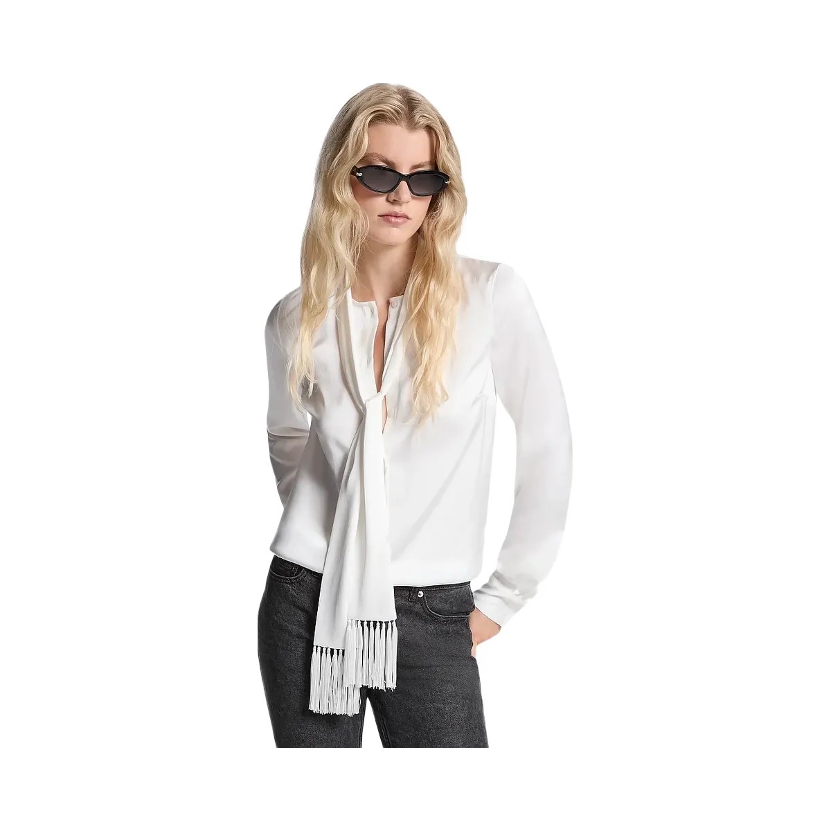 Michael Kors Satin Fringed Tie-Neck Blouse White - HypeFly India View 1
