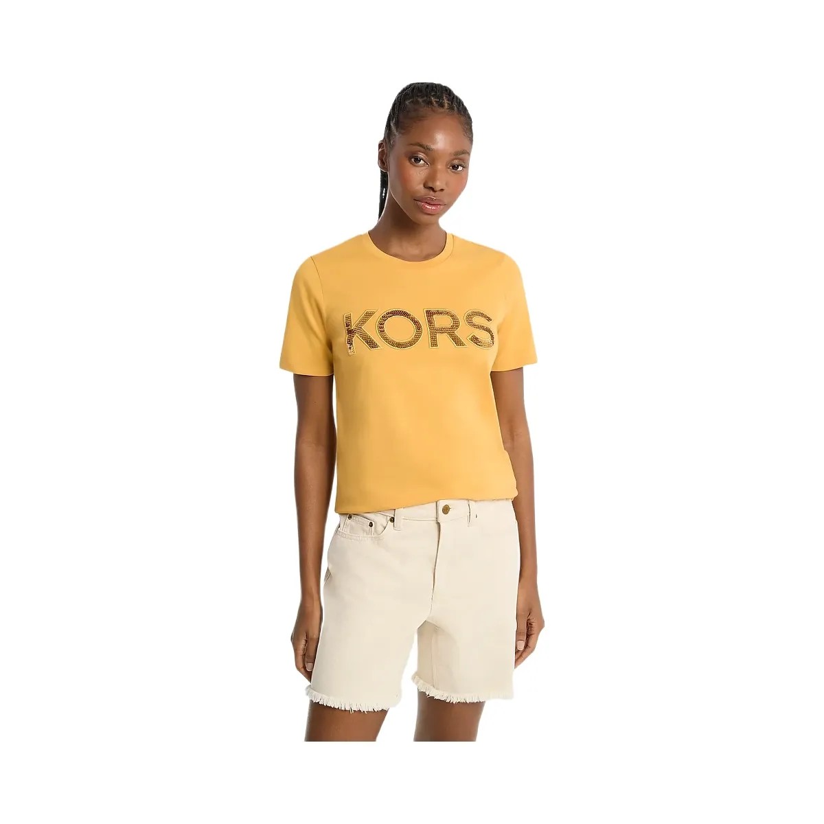 Michael Kors Sequined Logo Cotton T-Shirt Honeywheat - HypeFly India View 1