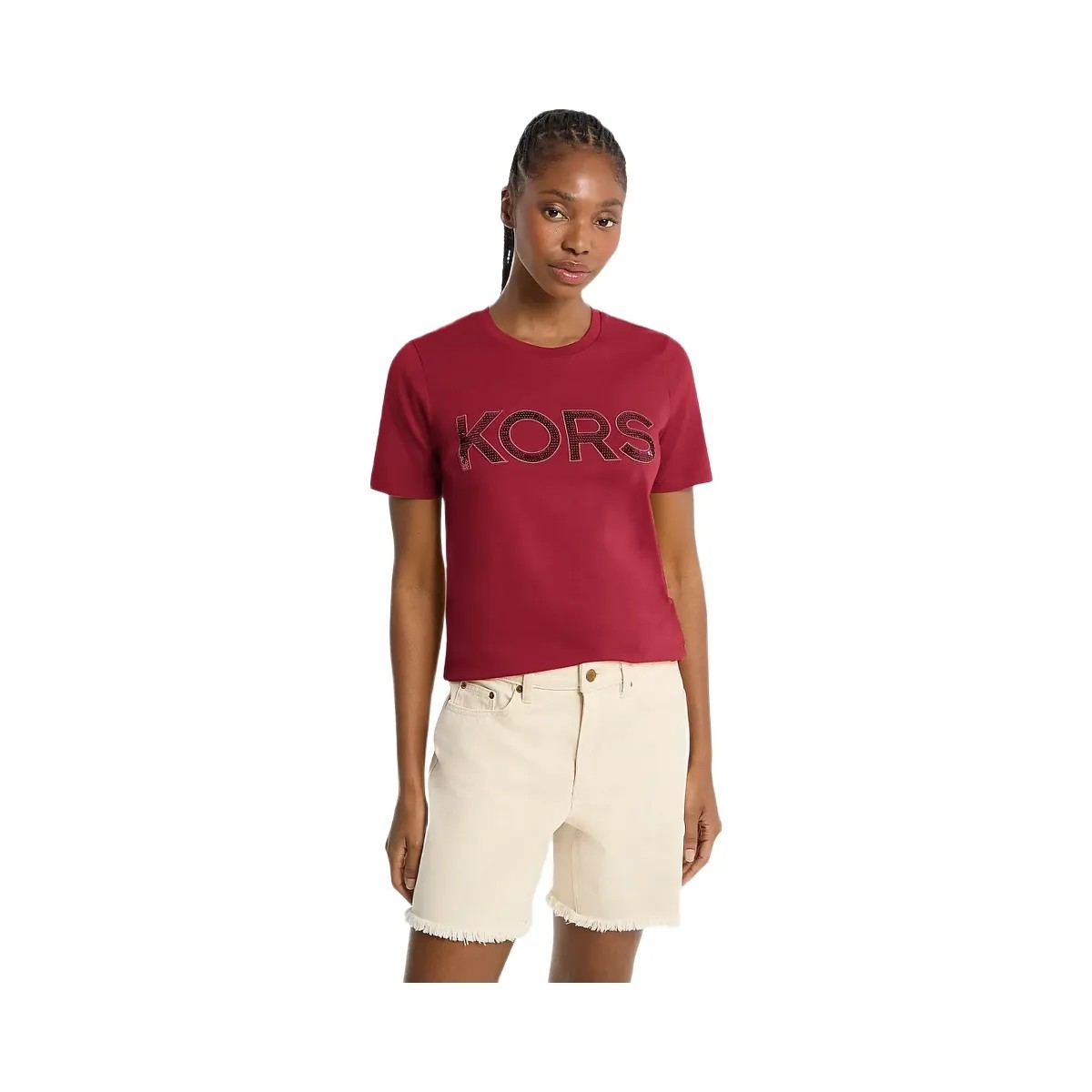 Michael Kors Sequined Logo Cotton T-Shirt Maroon - HypeFly India View 1