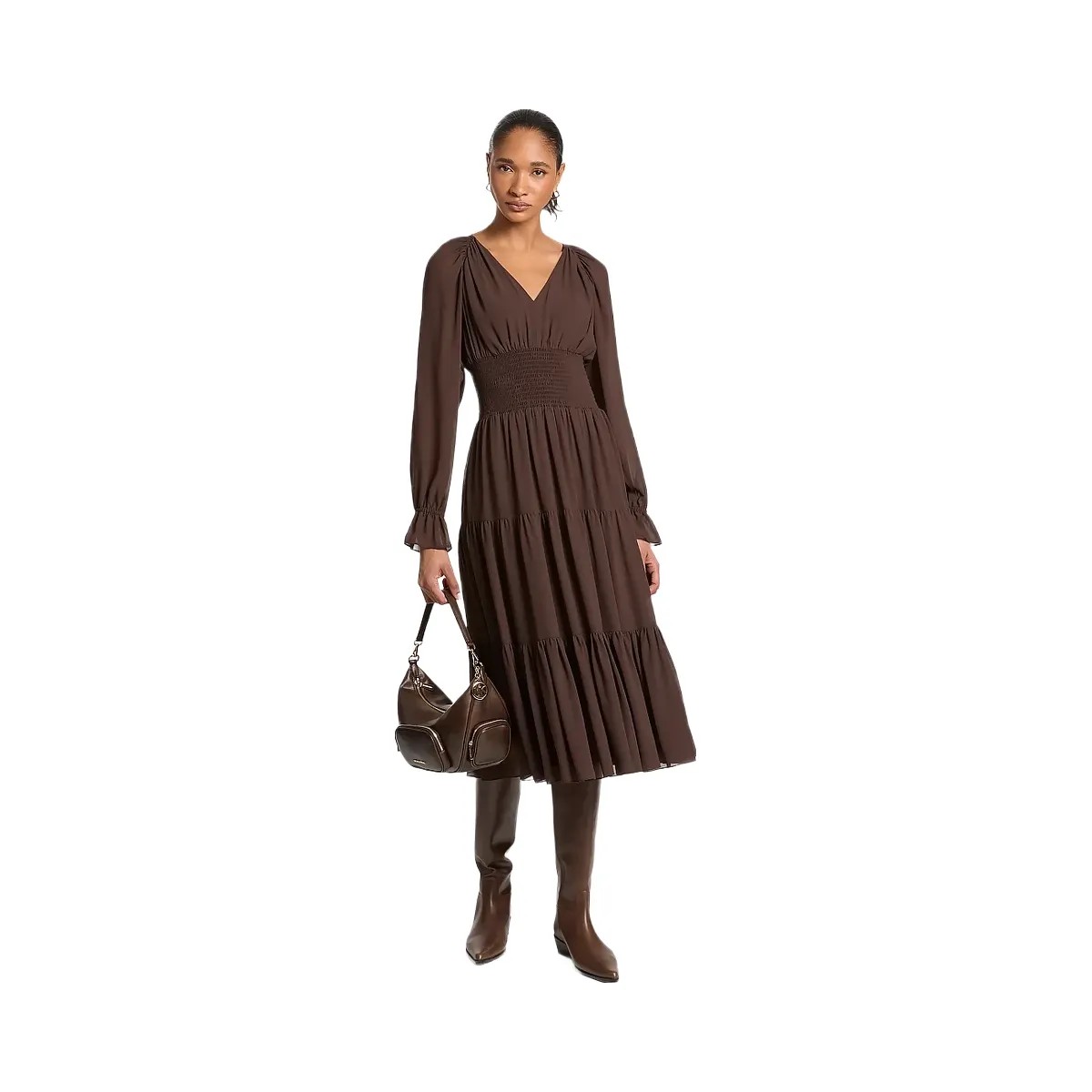 Michael Kors Smocked Georgette Midi Dress Chocolate - HypeFly India View 1