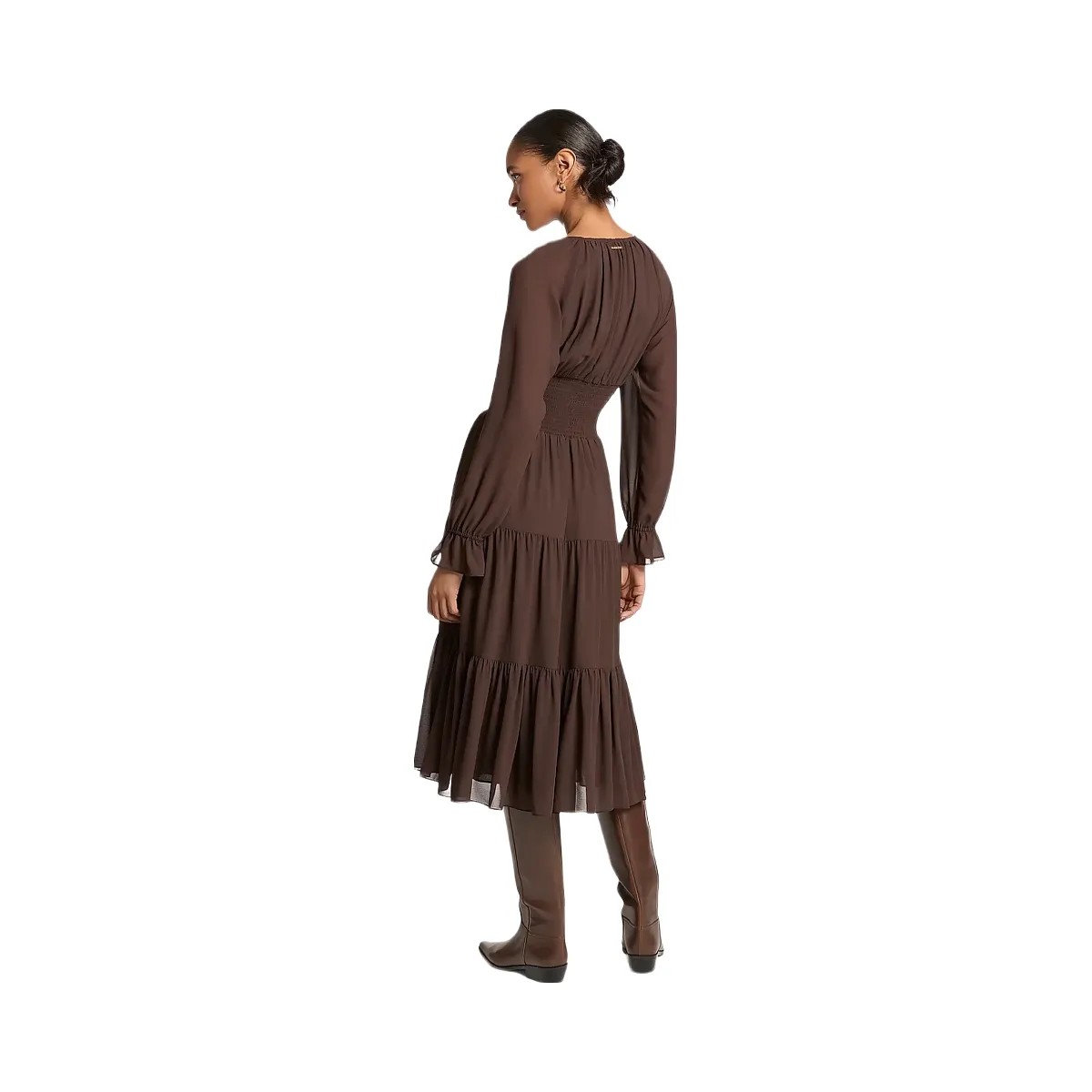 Michael Kors Smocked Georgette Midi Dress Chocolate - HypeFly India View 2