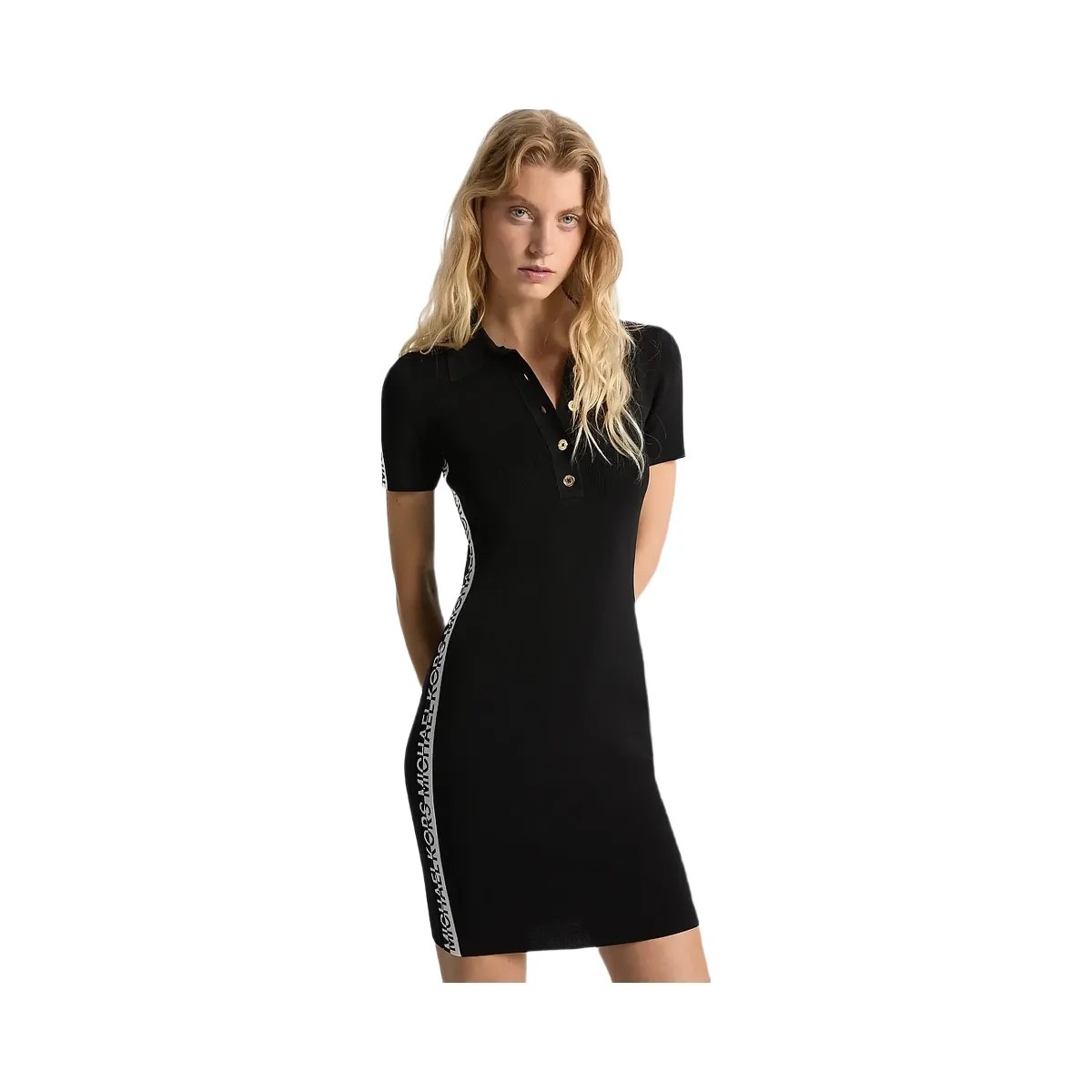 Michael Kors Stretch Knit Logo Tape Polo Dress Black - HypeFly India View 1