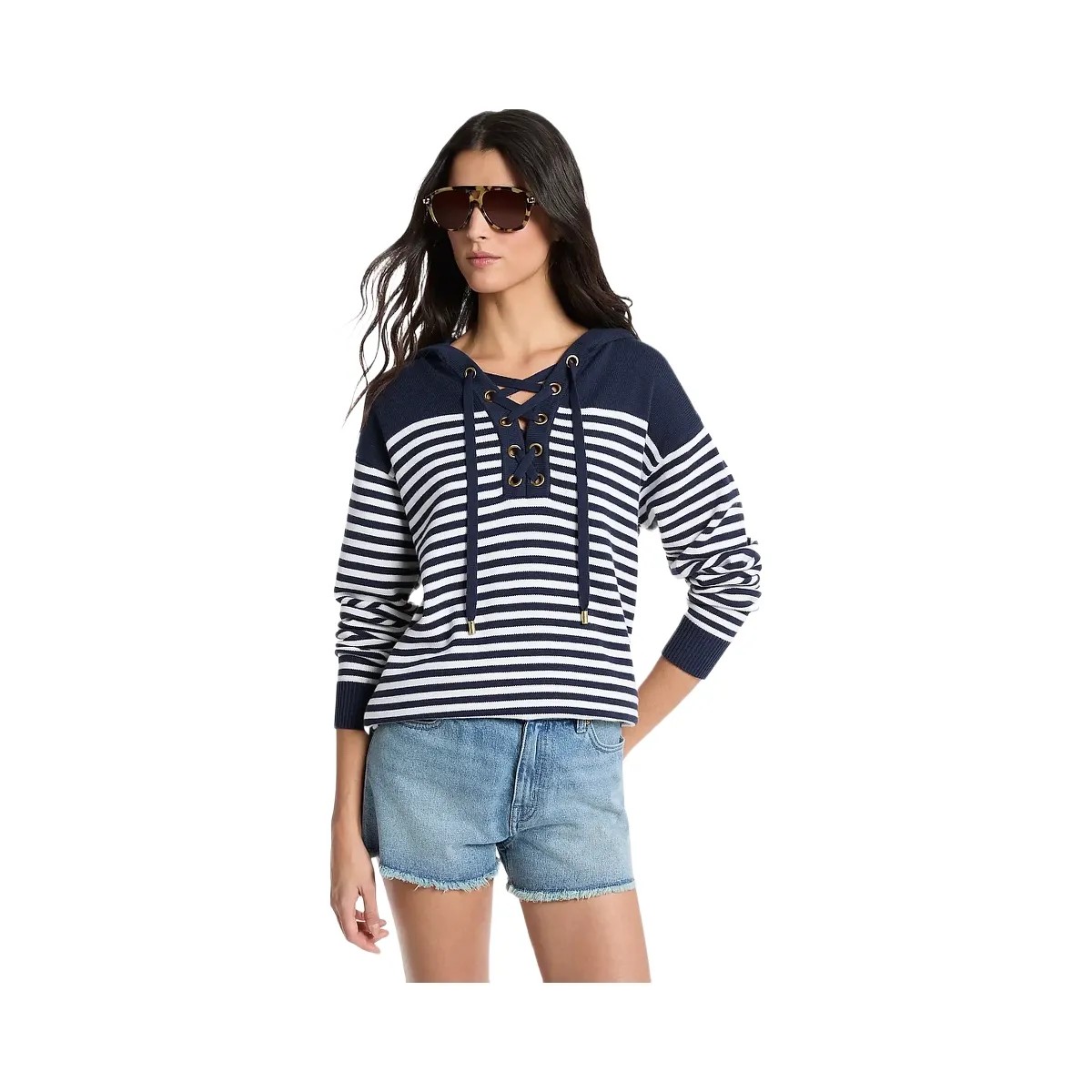 Michael Kors Striped Wool Lace-Up Hoodie Midnightblue - HypeFly India View 1