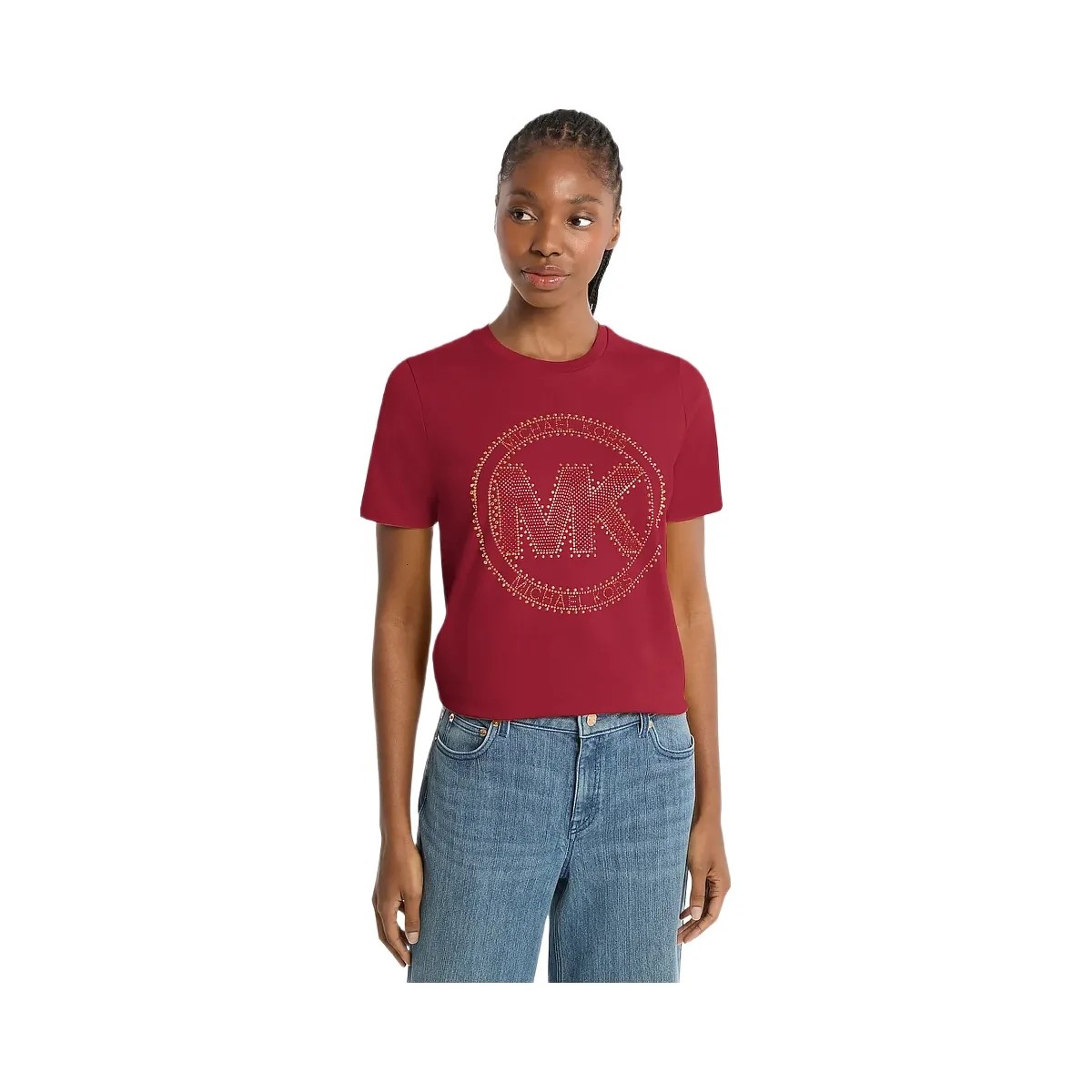 Michael Kors Studded Logo Charm Organic Cotton Jersey T-Shirt Maroon - HypeFly India View 1