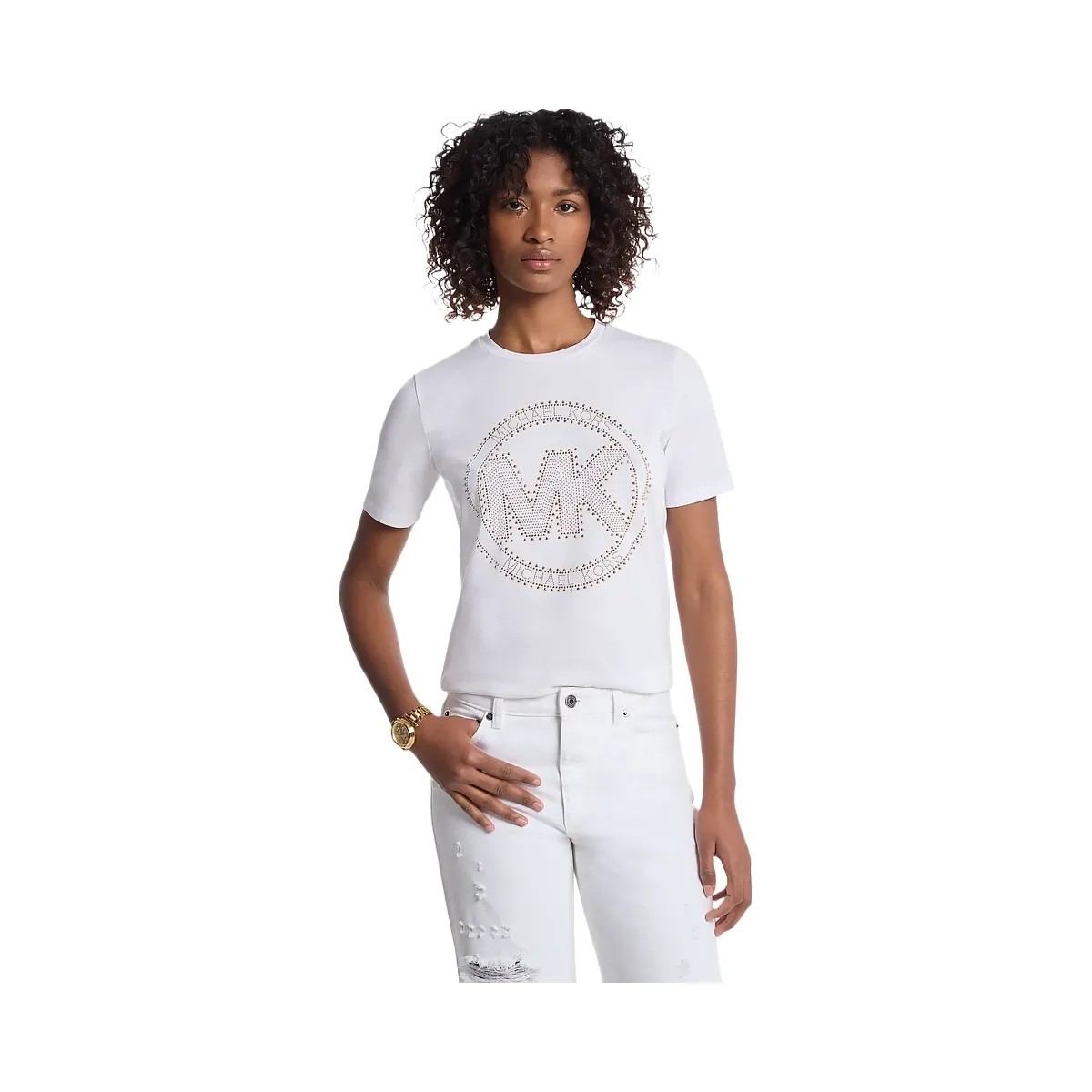 Michael Kors Studded Logo Charm Organic Cotton Jersey T-Shirt White - HypeFly India View 1