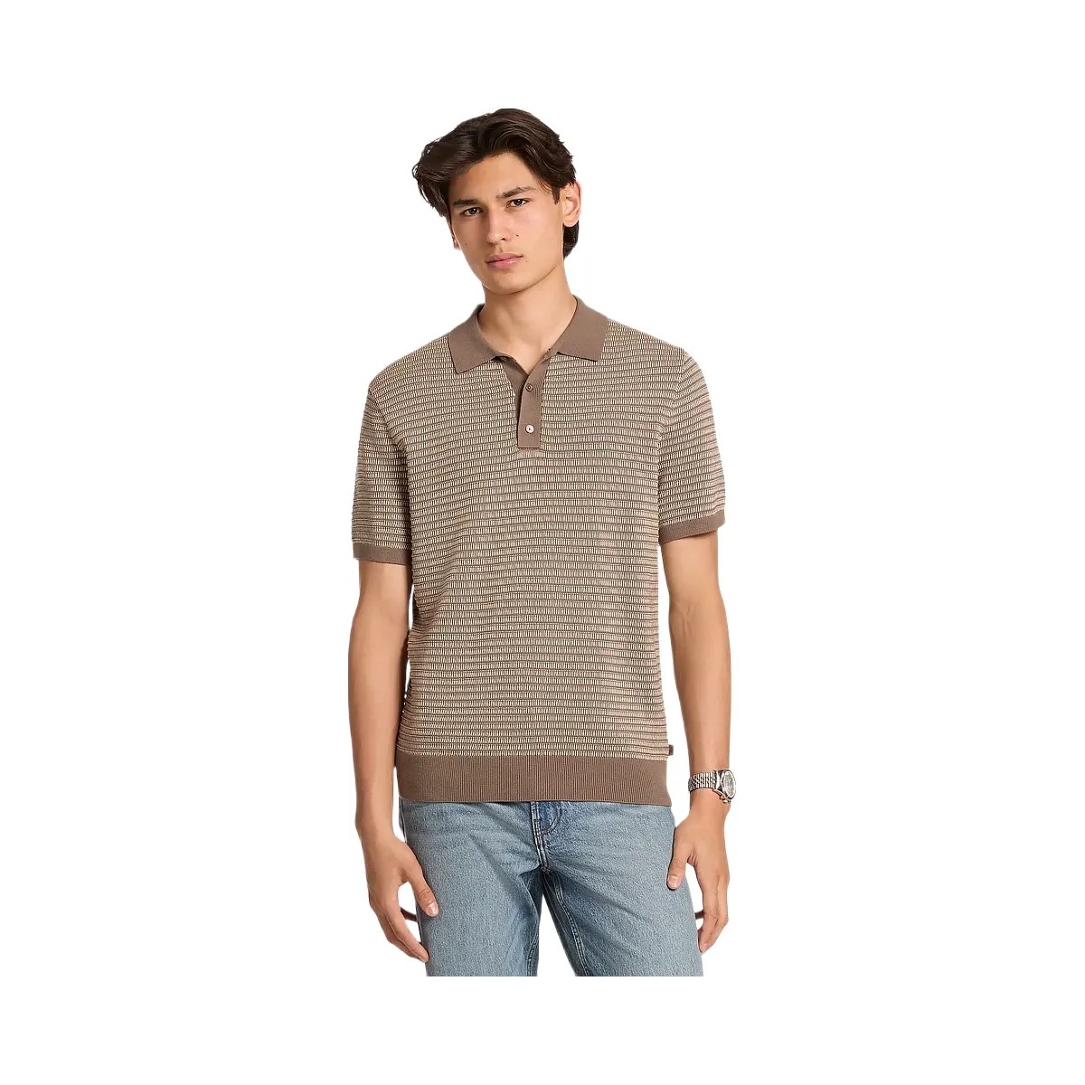 Michael Kors Two-Tone Knit Polo Shirt Mushroom - HypeFly India View 1