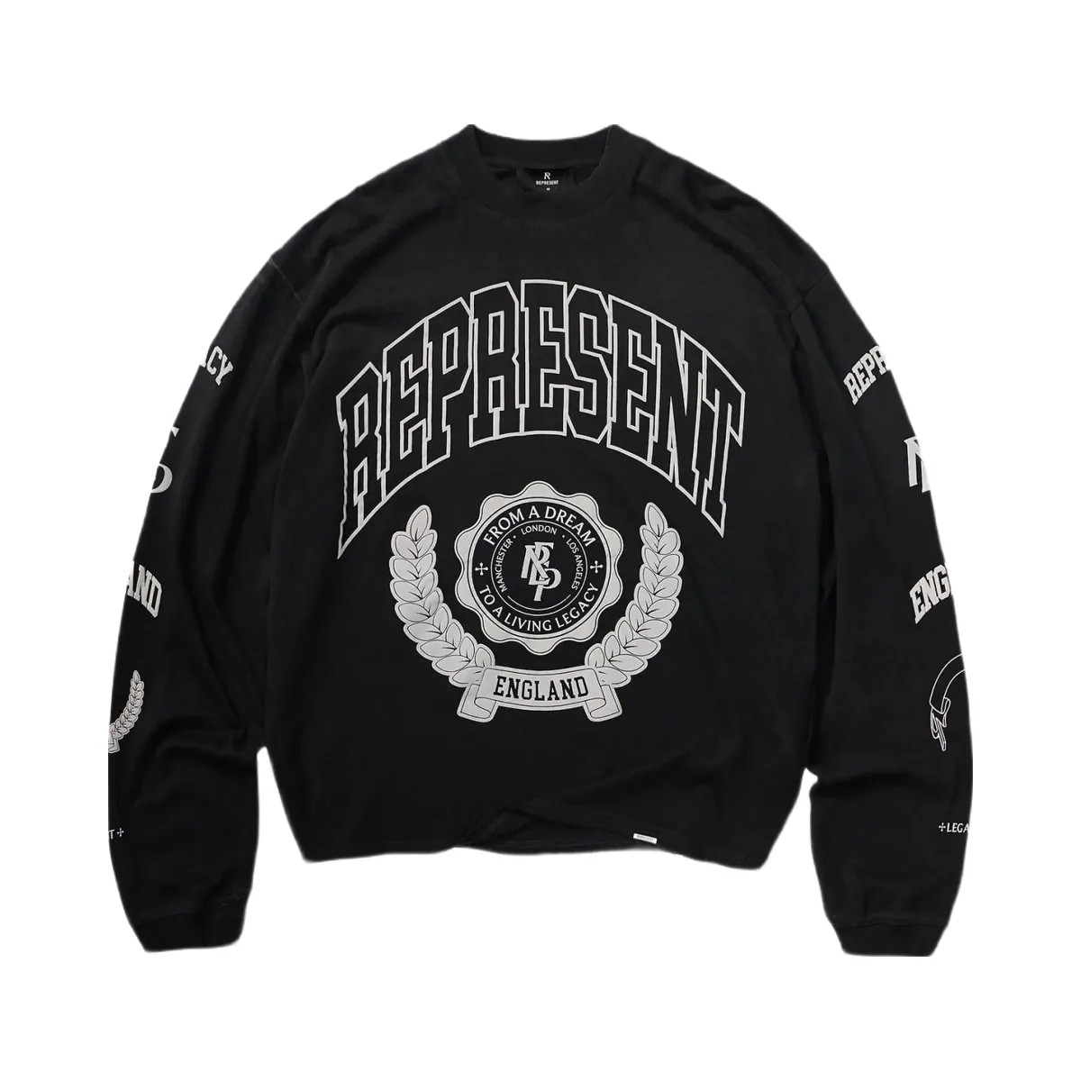 Represent Legacy Crest Long Sleeve T Shirt Stained Black - HypeFly India View 1