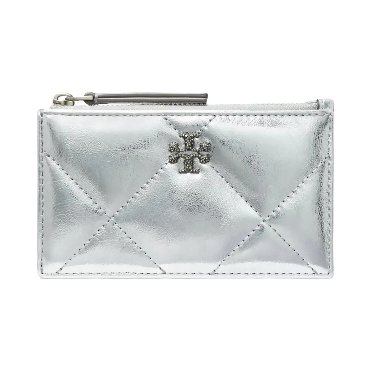 Tory Burch Kira Diamond Quilt Metallic Zip Card Case Silver - HypeFly India View 2