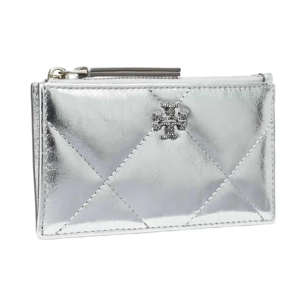 Tory Burch Kira Diamond Quilt Metallic Zip Card Case Silver - HypeFly India View 3
