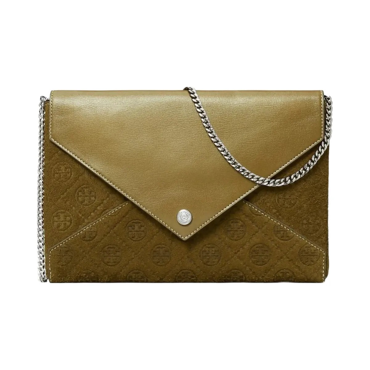 Tory Burch T Monogram Suede Envelope Chain Pouch Deep Olive - HypeFly India View 1